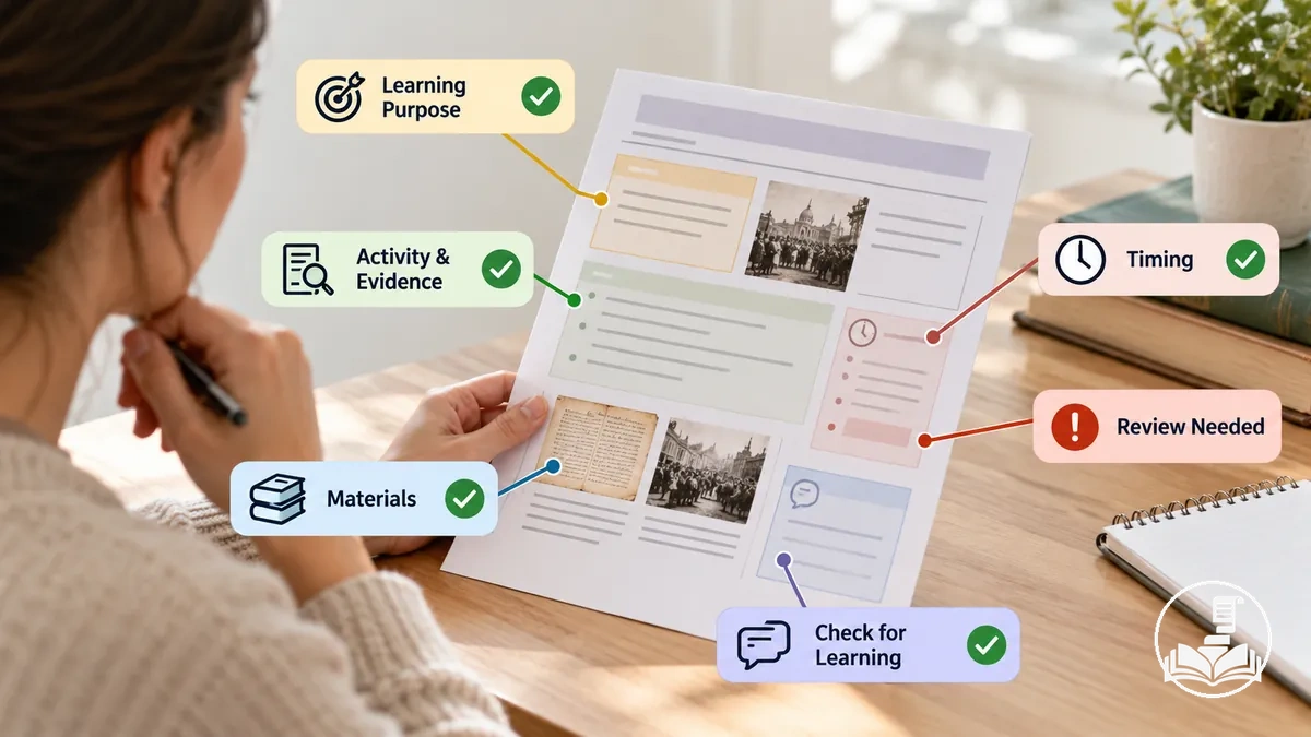 Annotated history lesson plan showing pre-teaching checks for purpose, activities, timing, materials, alignment, and evidence of learning