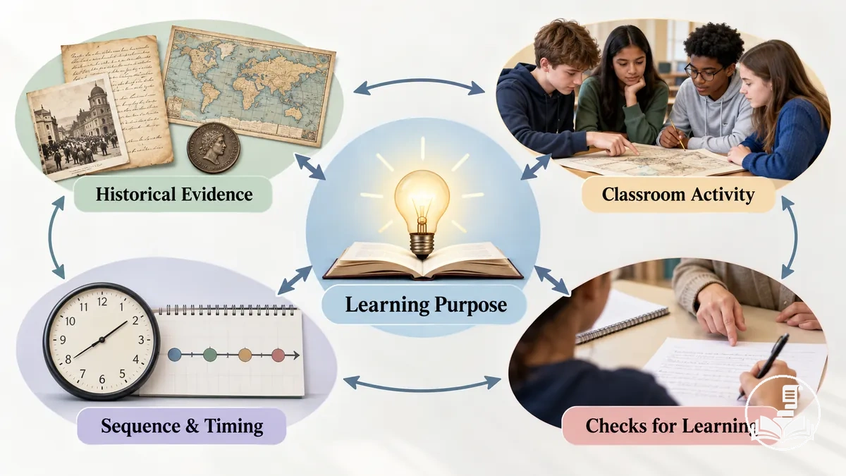 Diagram showing how learning purpose, historical evidence, classroom activity, timing, and checks for learning connect within a history lesson plan