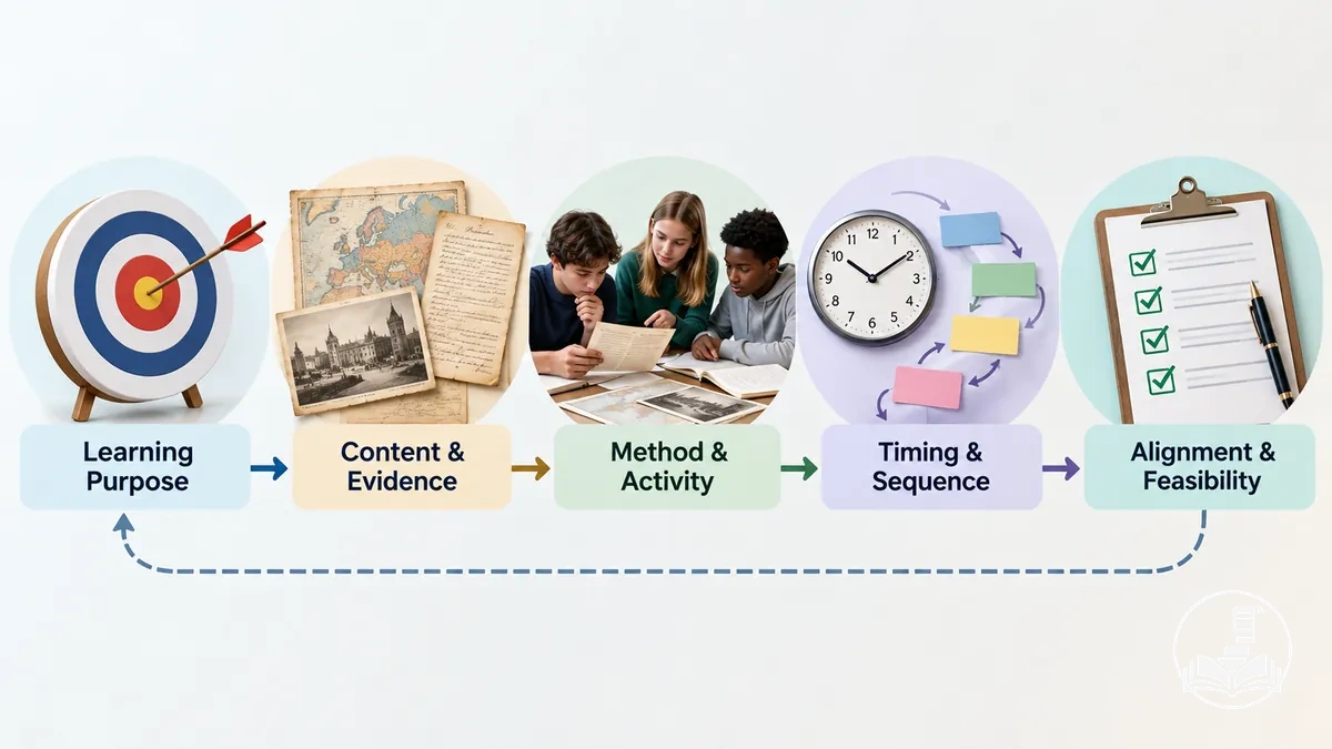 Five-stage overview of history lesson planning from learning purpose and historical evidence to classroom activity, timing, and alignment checks