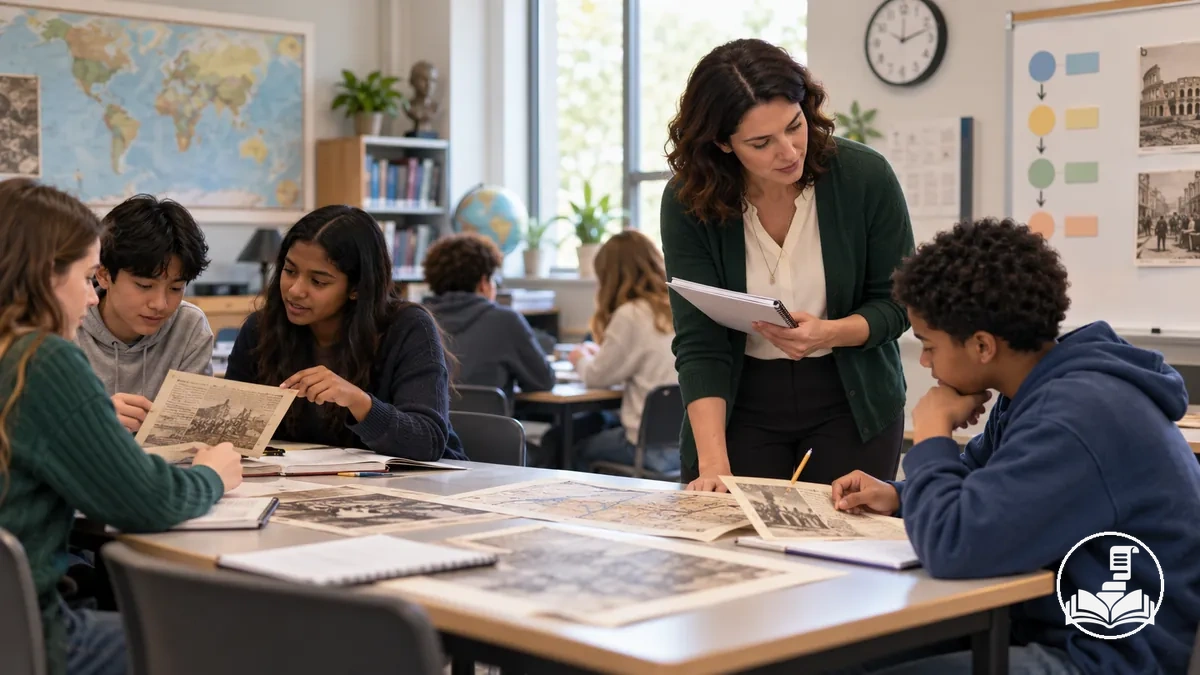 Teacher using a history lesson plan while monitoring student responses and adjusting classroom pacing and activities