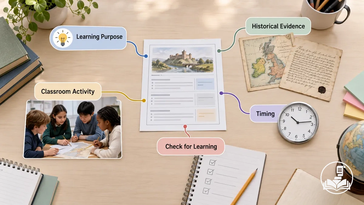 Annotated history lesson plan showing alignment between learning purpose, historical evidence, classroom activity, timing, and checks for learning